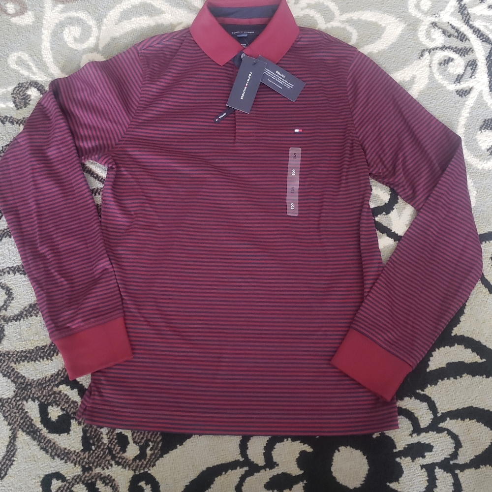 Tommy Hilfiger THLuxe Long Sleeve Polo Shirt Men’s Small Burgundy Stripe NWT